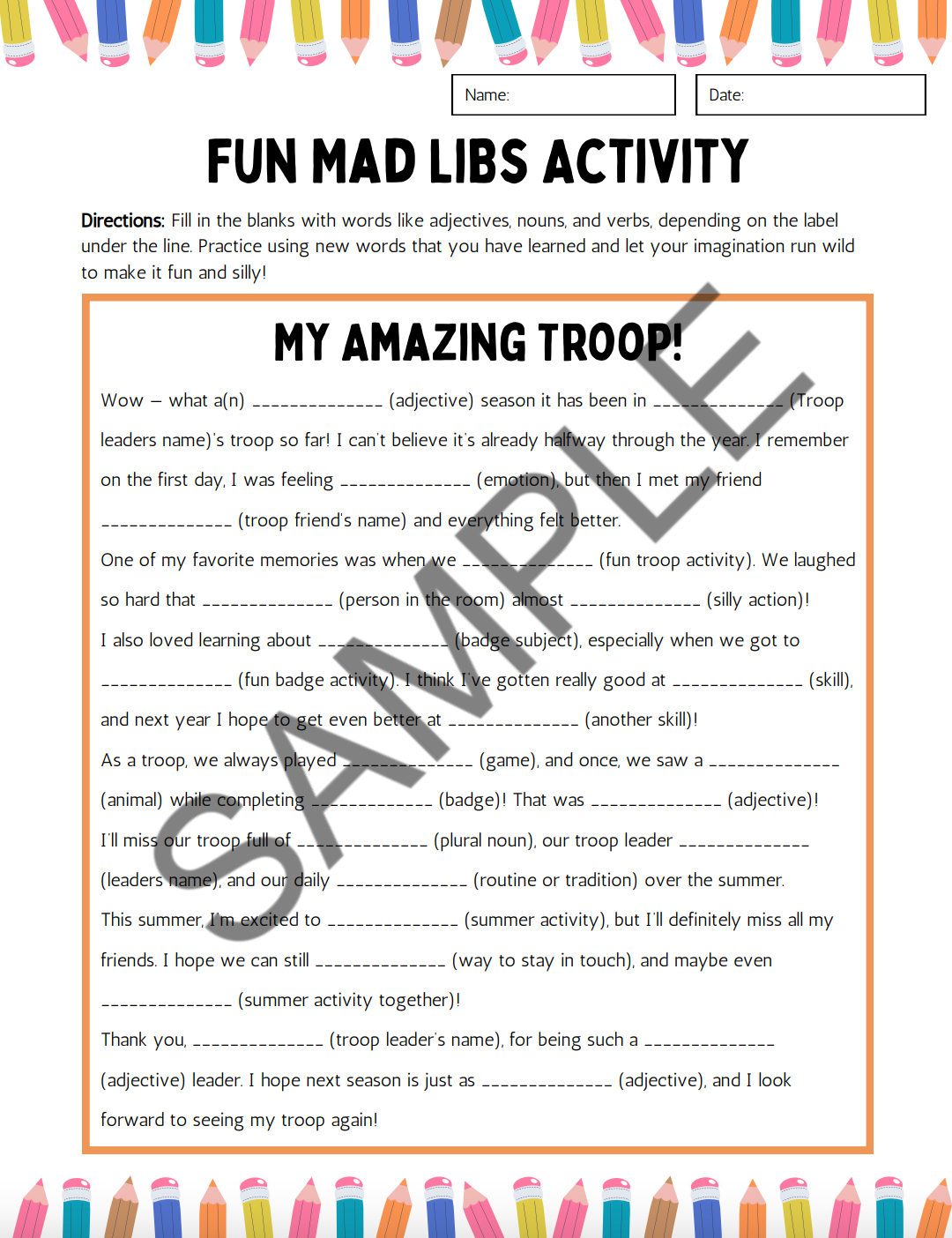 Mad Libs Activity Sheet